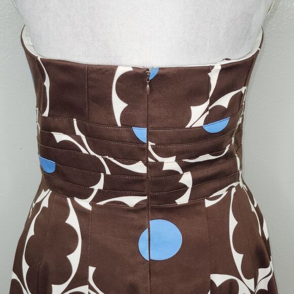 VTG Kay Unger Brown & Blue Polka Dot Strapless Fit & Flare Pleated Hem Dress 12 - Picture 9 of 15